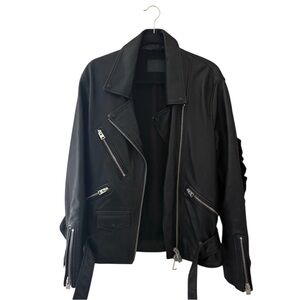 ALLSAINTS Black Leather Moto Jacket Ruffle Sleeve Detail Biker Belted Medium